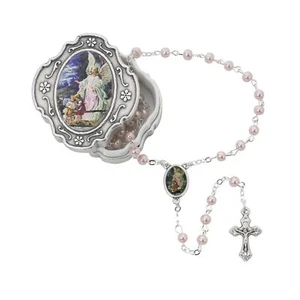 Guardian Angel Pink Rosary with Box Baptism Christening Communion Gift - Picture 1 of 1