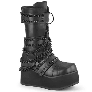 DEMONIA TRA138/BVL Mens Unisex Platform Black Punk Studded Chains Mid-Calf Boots - Picture 1 of 6