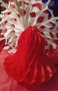 Vintage Waben Weihnachten 4 rote Glocken & 2 Schneeflocken ausklappbar Papier Deko - Bild 1 von 3