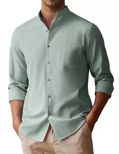 COOFANDY Men's Linen Oxford Shirts Collarless Button Down Shirts Long Sleeve - Picture 1 of 5