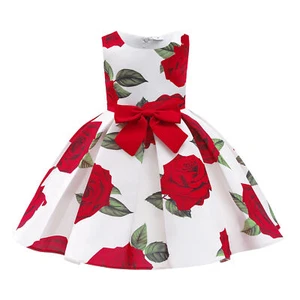 Girls Summer Cotton Personality Fashion Red Flower Print Bow Princess Vest Dress - Picture 1 of 23