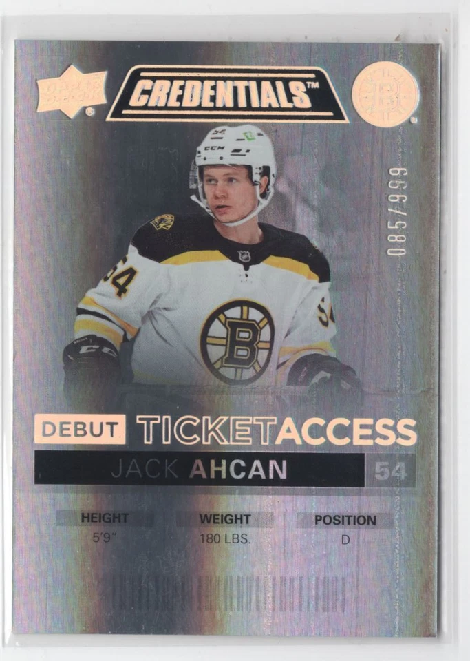 2021-22 Upper Deck Credentials Jack Ahcan Rookie 085/999 Boston Bruins #90 - Image 1 of 2