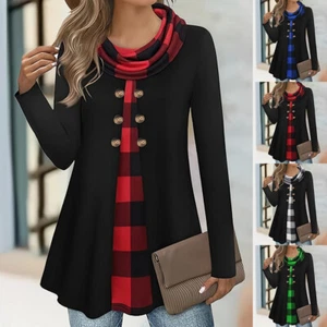 Plus Size Womens Plaid Check Buttons Tops Long Sleeve Christmas T Shirt Blouse - Picture 1 of 23