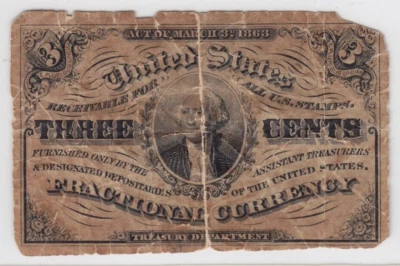Third Issue 3 Cents Fractional Currency Note 3c Light Background FR#1226 - Image 1 of 2