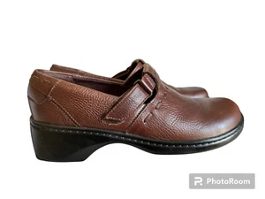 Clarks Womens Slip On Loafer Size 7.5 Heel Brown Leather Comfort Office Clogs - Picture 1 of 8