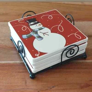 Ceramic Snowman Coasters w/ Metal Holder - Picture 1 of 2