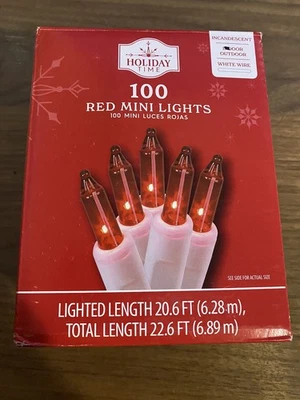 Holiday Time 100 Count Red Mini Christmas Lights w. White Wire, 21 feet - SV1 - Image 1 of 2
