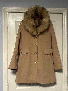 Guess Trench Coat Womens Large Khaki Faux Fur Wool Blend Mid Jacket - Picture 1 of 10
