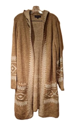 Joseph A Long Tan Hooded Knit Cardigan Open Front Very Soft Aztec Design - Image 1 of 4