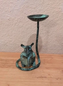 Vtg Verdigris Brass/Bronze-India Metal Mouse Reading A Book Candle Holder *Read - Picture 1 of 14