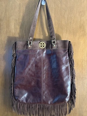 Tory Burch Brown Leather w/ Suede Trim Hobo Bag On Fringe Trend 12”x15” - Image 1 of 4