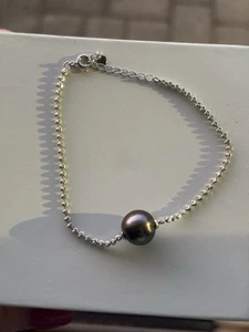 8” Sterling Silver 8-10mm Tahitian Black Pearl Bracelet - Picture 1 of 5