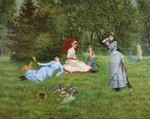 GEORGE LUNELL BROWN (c.1840-1890) RIESIG SIGNIERT ENGLISCH ÖL - ELEGANT GIRLS RIVER - Bild 1 von 12