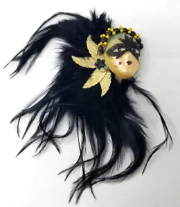 Fancy Painted Mask Fridge Magnet Feathers Ceramic Black Gold 1990s Vintage - Picture 1 of 7