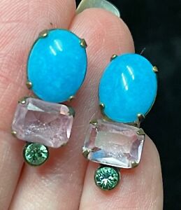 SORRELLI robins egg blue cabochon pink green crystal earrings signed jewelry