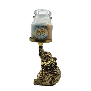Brass Gold Tone Sitting Elephant Trunk Up Pillar Candle Holder Lucky Safari 9" - Picture 1 of 9