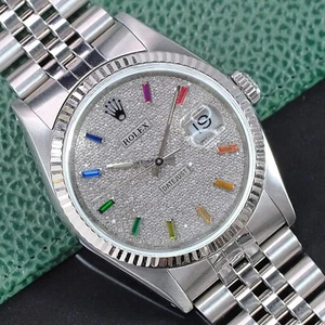 Rolex Mens Datejust 16234 18KW & SS Rainbow Pave Dial 1.00ct Fluted 36mm Watch - Picture 1 of 20