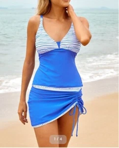 Stripe Blue Drawstring Side Adjustable Straps Tankini Set Size L (14.28) - Picture 1 of 3
