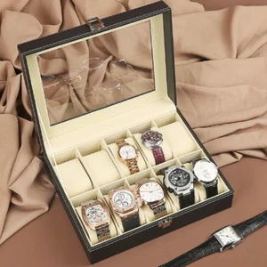 1x Black Synthetic Leather Watch Holder 10 Slots Display Box Lockable Showcase - Picture 1 of 9