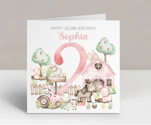 Personalised 2nd Birthday Card Little Girl - Farmyard Cute Animals - Pink - Picture 1 of 2