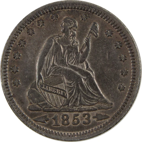 1853 Arrows and Rays Seated Liberty Quarter XF EF Details SKU:I7753 Cover