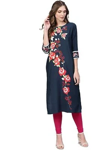 Indian Women Navy & Pink Floral Print Straight Kurta Kurti Top Tunic Ethnic New - Picture 1 of 5
