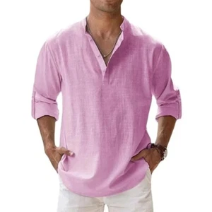 Men Casual Shirt Long Sleeve Cotton Linen Beach T Shirt Lightweight New 8 Colors - Picture 1 of 11
