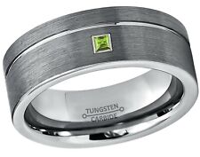 0.05ctw Princess Cut Peridot Ring, 8mm Pipe Cut Tungsten Wedding Band #030