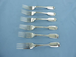AN ANTIQUE SET OF SIX STERLING SILVER FIDDLE BACK DESSERT FORKS LONDON 1856. - Picture 1 of 9