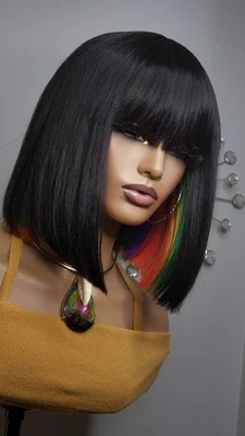Nueva Peluca Corta Recta Bob Estilo Envolvente Gorra Completa Negra Arco Iris Mujer Moda Cabello Foto 1 de 4