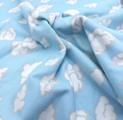 Clouds Flannel Cotton Fabric 1 1/4 yds Pale Blue Background Gray Outline - Image 1 of 4