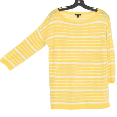 Talbots Sweater 3/4 Sleeve Linen Minimalist Coastal Boho Stripe Yellow Medium - Image 1 of 4