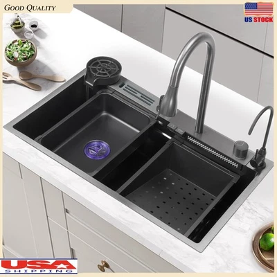 Fregadero de cocina cascada de acero inoxidable Gunmetal negro lluvia voladora con lavadora de tazas Foto 1 de 4