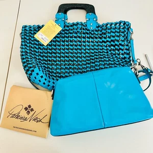 PATRICIA NASH LORINA 3-PIECE BLACK TURQUIOSE WOVEN LEATHER TOTE WITH POUCH $399 - Picture 1 of 14