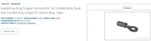 MOLEX 19070-0084 RING TONGUE TERMINAL FOR 16-14AWG STUD SIZE 5-6 (1500pcs) - Picture 1 of 3