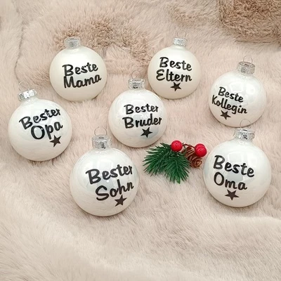 Christbaumkugel Weihnachtsbaumkugel personalisiert Name Druck weiß 6cm  8cm Glas - Bild 1 von 2