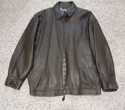 Chaqueta de bombardero vintage Polo Ralph Lauren para hombre de cuero suave marrón forrada a cuadros L Foto 1 de 4