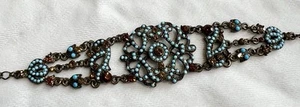 Turquoise And Brown Rhinestone Filigree Style Bracelet Antique Brass - Picture 1 of 6