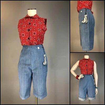 Vtg 60s High Waist Scrubbed Denim Cotton Shorts Side Metal Zip NOS capris RAB 24 - Image 1 of 4