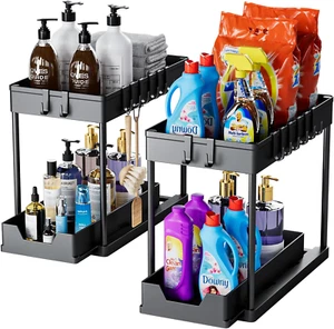 under Sink Organizers and Storage 2 Pack - 2 Tier Sliding Bathroom Cabinet Organ - Picture 1 of 12