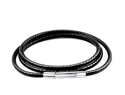 FINDOUT 3mm black Waterproof Braided Leather Rope Chain Necklace-Steel Snap Clasp14-36in