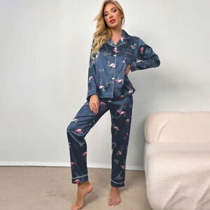 Women Silk Satin Pajamas Set Long Sleeve Button-Down Sleepwear Loungewear Charm