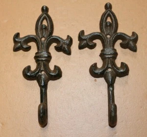 Fancy Victorian Fleur De Lis Towel Hooks 3-d Cast Iron, 6 1/2 inch, F-21 - Picture 1 of 12
