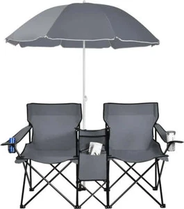 Portable Folding Picnic Double Chair W/Umbrella Table Cooler Beach Camping - Picture 1 of 11
