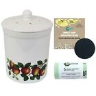 3L Ashmore Apple Ceramic Compost Caddy/Food Bin-White&1xFilter Pack & 50x6L Bags