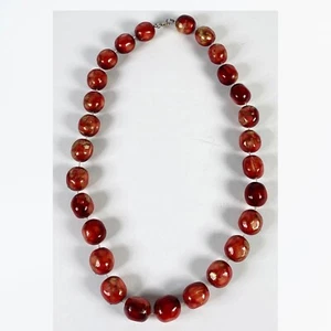 Vtg Fused Thread Beaded Necklace Red Painted Metallic Gold Tone Glossy Unique - Picture 1 of 10