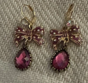 Vintage Betsey Johnson Enamel Pink Drop Crystal & Polka Dot Bows Earrings - Picture 1 of 2