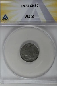 1871 .03 ANACS VG 8 Three Cent Nickel, Liberty Three Cent Piece - Picture 1 of 2