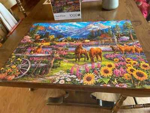 1000 pc. BUFFALO GAMES JIGSAW PUZZLE FREE TO ROAM HORSES MOUNTAINS FLOWERS BARNS - Picture 1 of 3