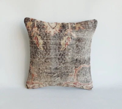 turkish vintage rug pillow cover , muted handmade rug cushion case 16x16 inches - Image 1 of 4